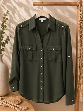 Express Olive Utility Button-Down Shirt with Gold Buttons